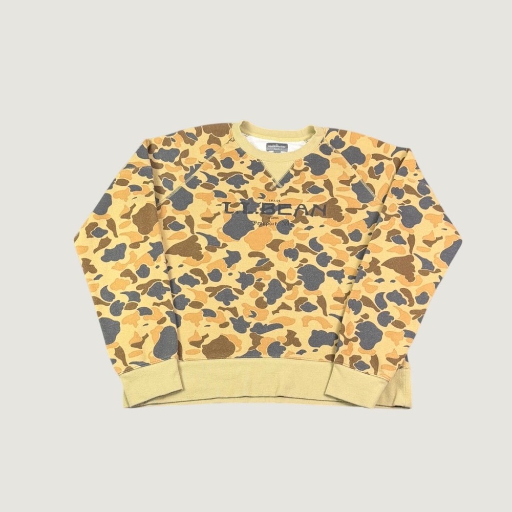 LL Bean Signature Mens Slim Fit Duck Camo Sweatshirt Logo Raglan Brown Tan L
